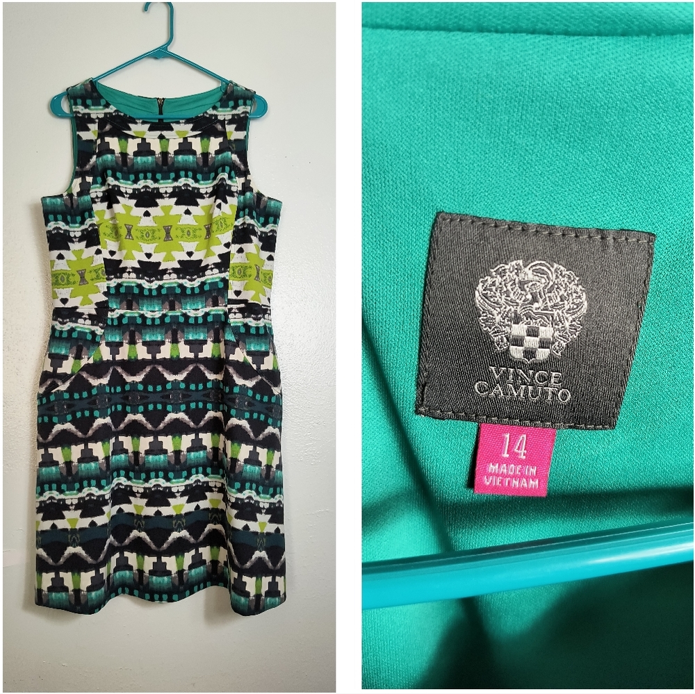 Vince Camuto 14 Midi Sheath Pocket Dress Geo Tribal Fair isle Mid Length Silhoue